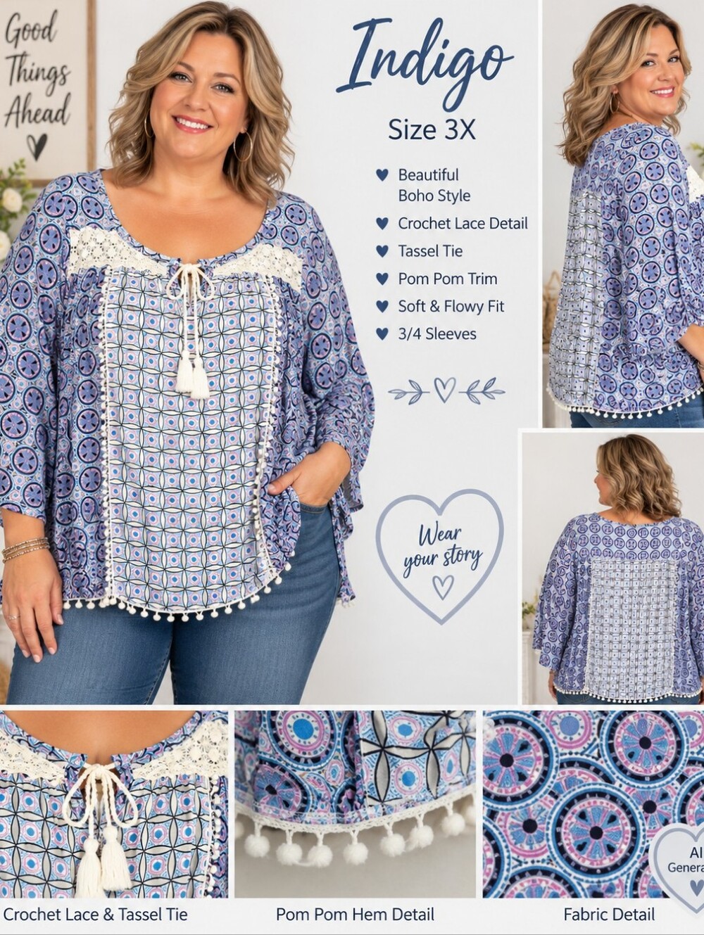 Indigo Boho Crochet-Trim Plus Size Tunic Top - Blue, Purple & White